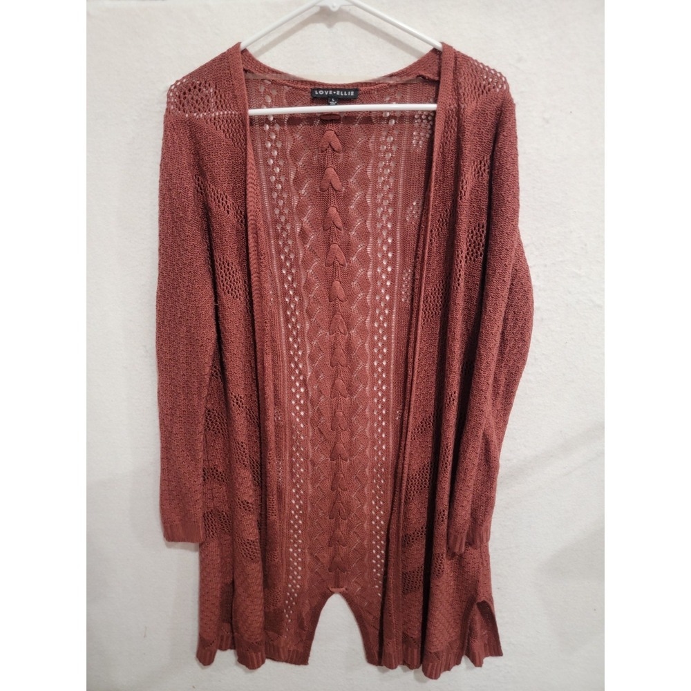 Love Ellie Heart Cable Knit Pointelle Longline‎ Open Front Cardigan Rust Large